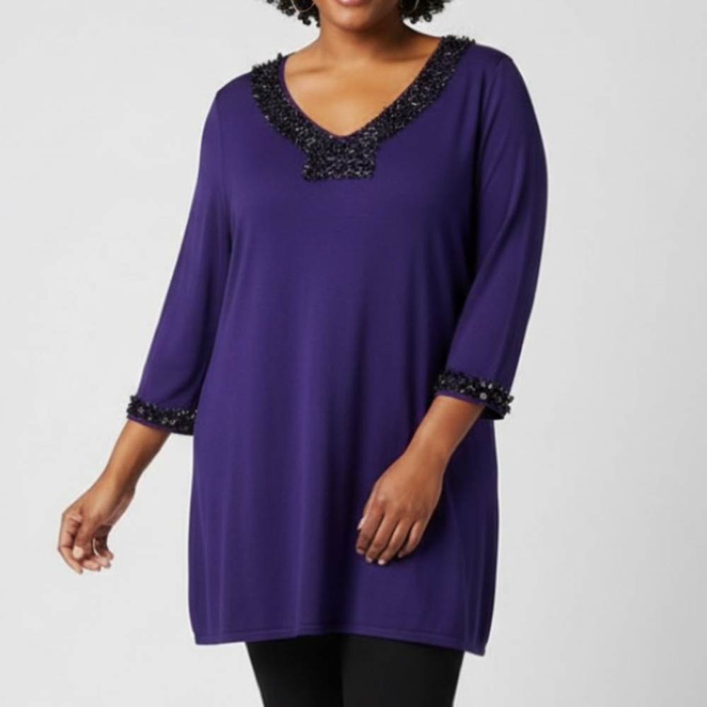 NWT‎ Quacker Factory Purple Beaded Sequins Long Sleeve Knit Top Size 2X